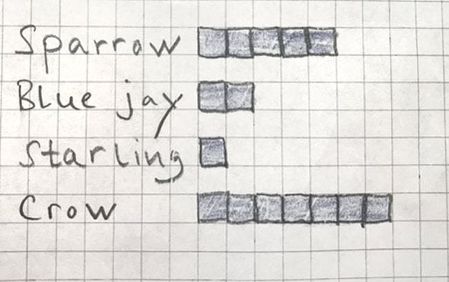 Bar graph showing the number of visits from sparrow, blue jay, starling, and crow