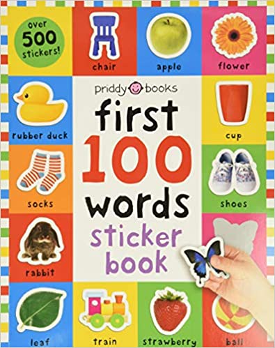 A book has stickers of everyday objects on it with the word printed underneath it.  They include socks, shoes, a rubber duck, and a cup.  (best sticker books)