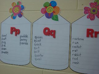 classroom word wall using paper flower pots with flowers on top 