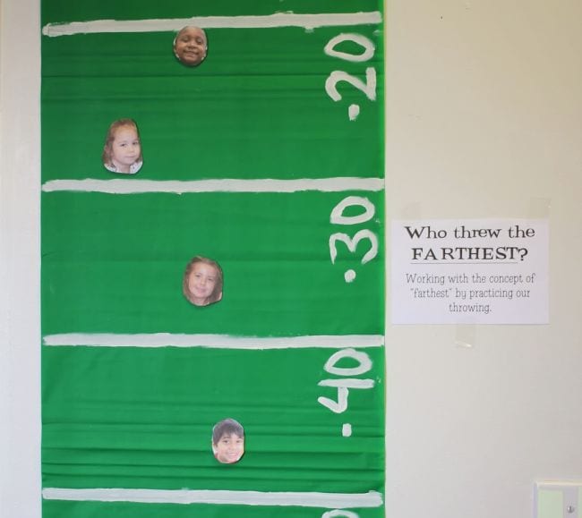 Football field with children's pictures at different distances and a sign saying "Who threw the farthest?" (Football Activities)