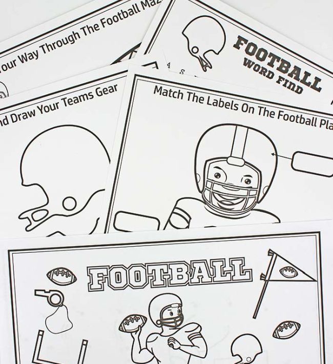 Free football-themed printable worksheets like mazes, word searches, and more (Football Activities)