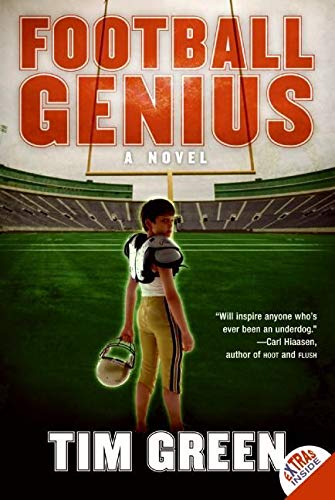 Book cover of Football Genius by Tim Green with an illustration of young player standing alone in football stadium