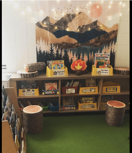 Classroom with wooden stools and a mountain tapestry