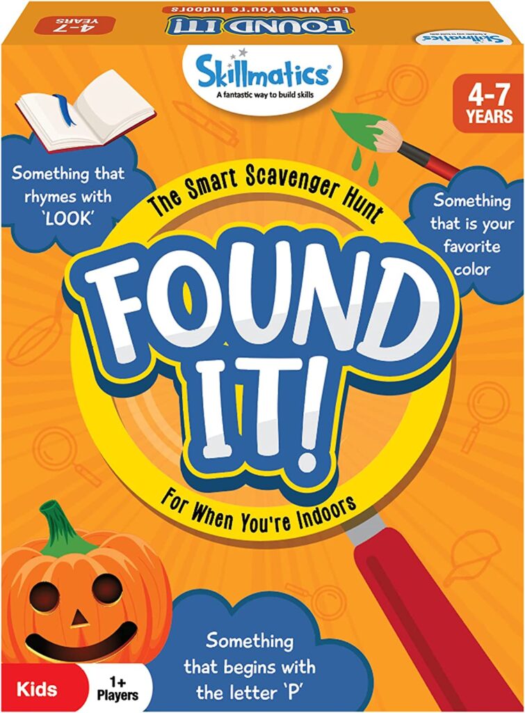 A box says Found It! and has various items including a jack o' lantern on it (educational board games)