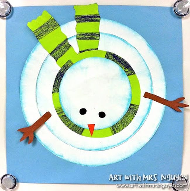 Drawing of a snowman, looking down from the top in a birds-eye view (Fourth Grade Art)