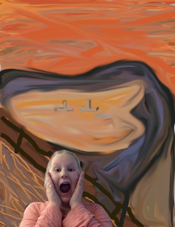 Kid-drawn background resembling The Scream, with photo of kid pretending to scream in front (Fourth Grade Art Projects)