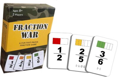 A box says "fraction war" and the background is camoflauge. There are game cards also shown with fractons on them (math board games)