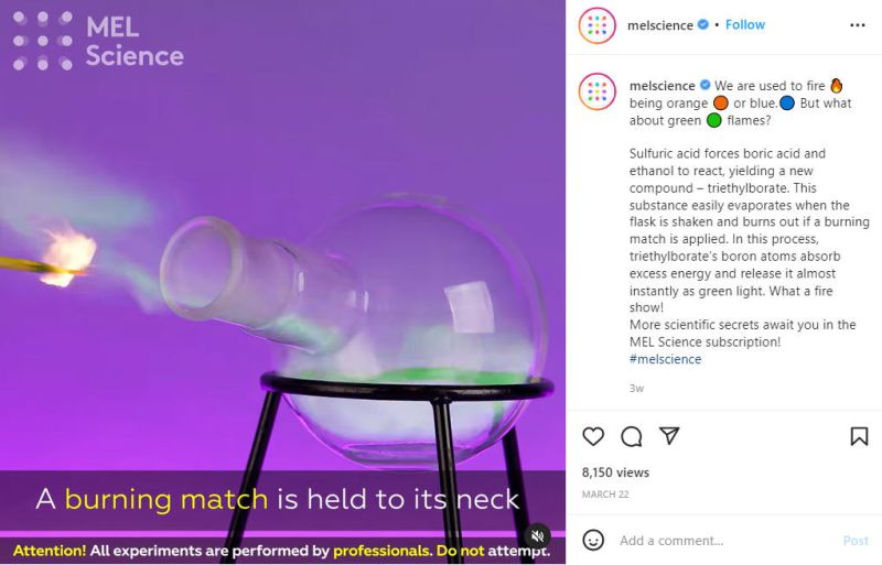 Screen shot of MEL Science Instagram video showing green fire
