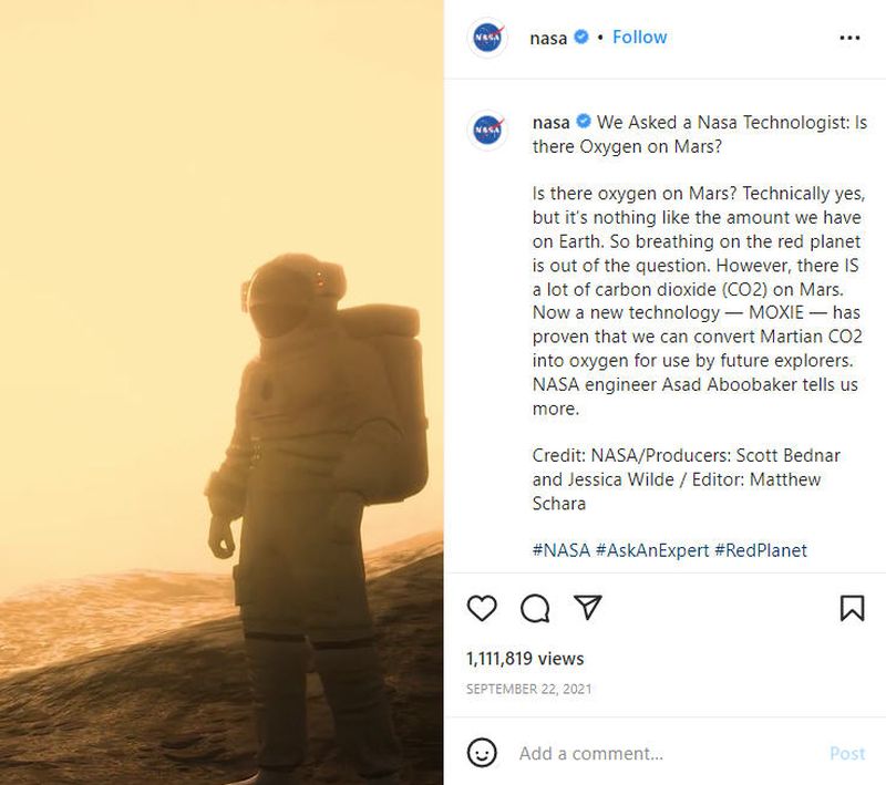 Screen shot of a NASA Instagram video about oxygen on Mars (Free Science Videos)