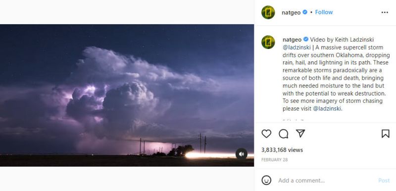 Tangkapan layar video National Geographic di Instagram yang menunjukkan supercell badai petir