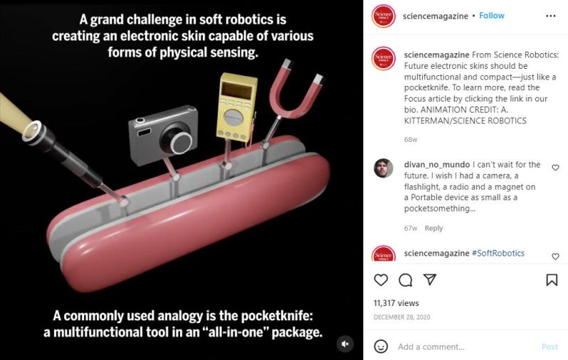 Screen shot of Science Magazine Instagram video showing artificial skin 