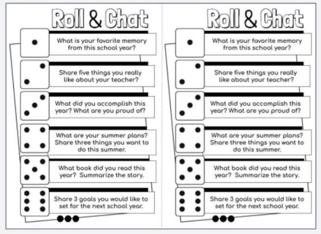 Roll & Chat printable worksheet for last day of school activities