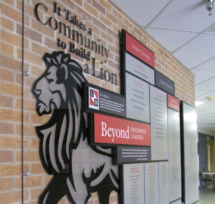 School donor wall with a lion theme