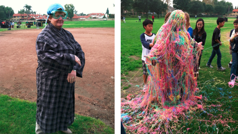 Before and after pictures of principal covered in silly string (Fundraising Ideas for Schools)