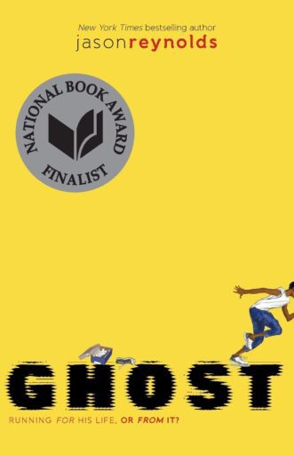 Book cover of host (Track, Book 1) by Jason Reynolds with yellow background and small illustration of boy running off page