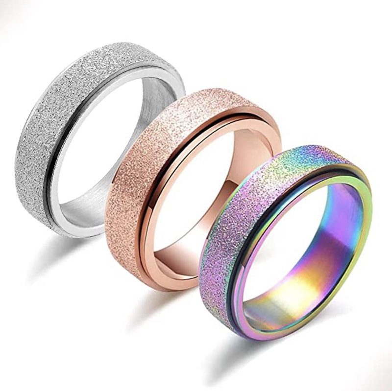 Set of 3 fidget spinner rings with a brushed glitter finish