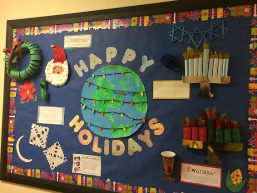 Bulletin board with globe and string lights