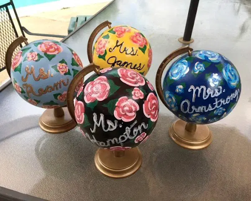 Globes with painted names and flowers on them