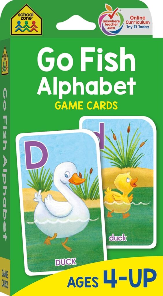A green box says Go Fish Alphabet ages 4-up. (educational board games)