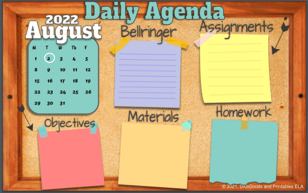 Daily Agenda slides template with space for bellringer, assignments, homework, and more