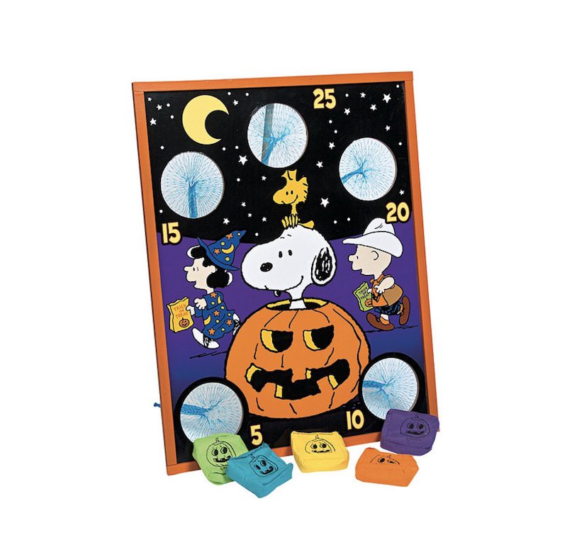 Peanuts themed bean bag toss game, as an example of classroom decor for Halloween
