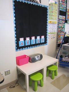 A workstation in a classroom is shown with a bulletin board above a white table with two small green, plastic stools.