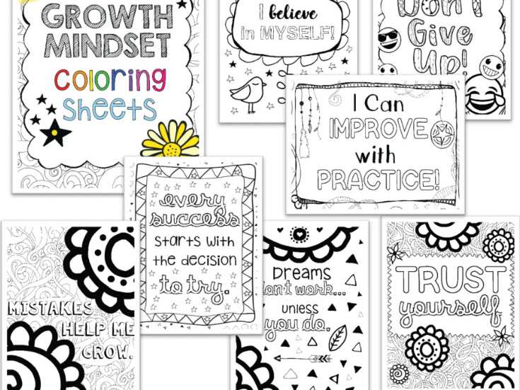 Collage of coloring pages with growth mindset quotes