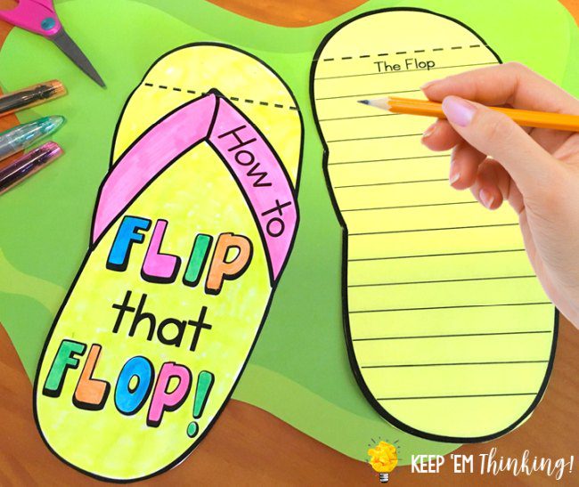Colorful paper flip flop saying How to Flip that Flop, with a second flip flop with lines for writing
