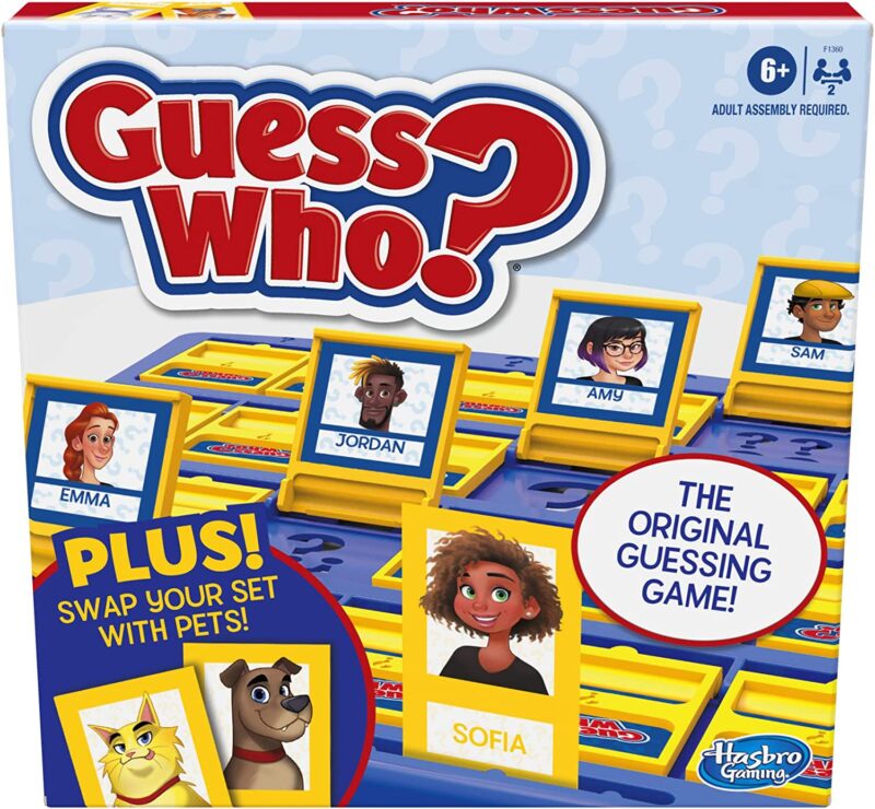 A box says Guess Who The Original Guessing Game. It shows cards flipped up with different characters on them.