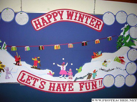 Bulletin board that says "Happy Winter, Let’s Have Fun!"- winter bulletin boards