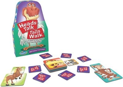 Game box and sample cards for the game Heads Talk Tails Walk showing a monkey and a horse put together with cards
