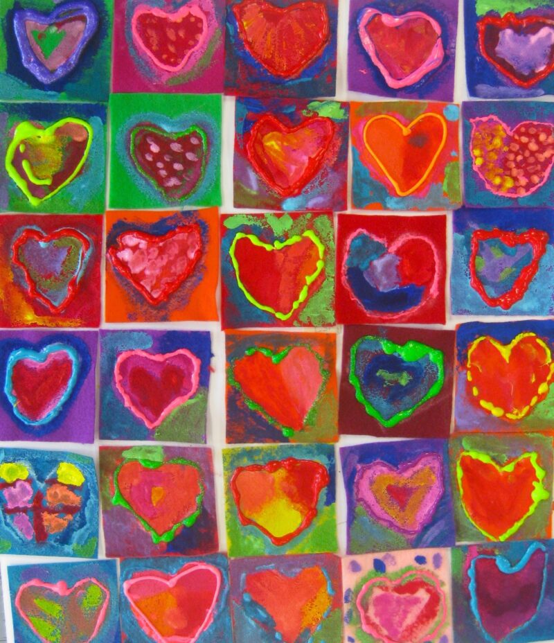 a collage of student-drawn hearts