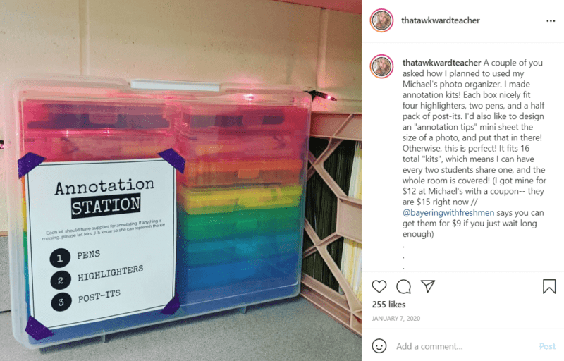 A clear bin with a label on it that says "Annotation Station" is full of smaller, colorful bins that each contain pens, highlighters, and post-its for annotation in the classroom.