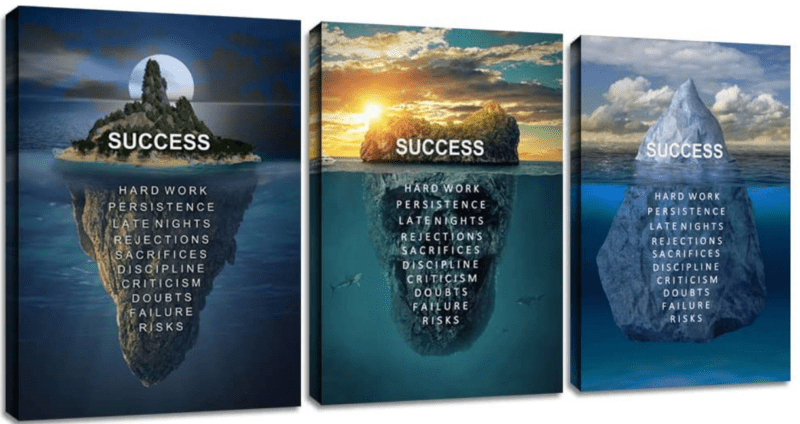 Three variations of a motivational poster that say "SUCCESS" above water while naming several of the steps to success above the water.