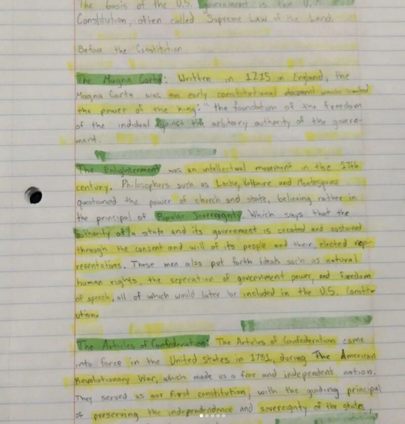 Notebook page highlighted in yellow and green