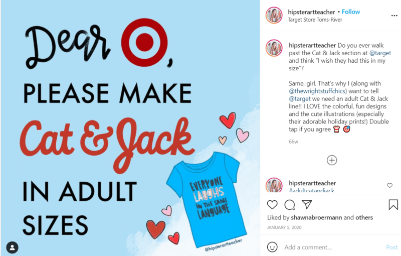 Still of Instagram post asking Target to make adult size Cat & Jack shirts