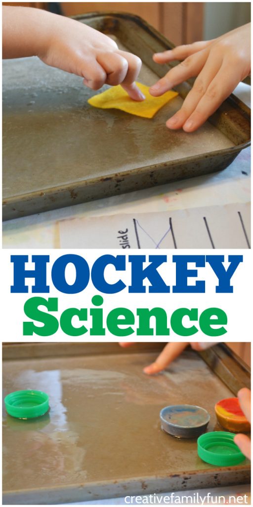 A cookie tray has frozen water on it and bottle caps are seen on it. Text reads Hockey Science.