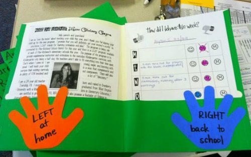 Green homework folder with cutout hand that says Left at Home and Right Back to School