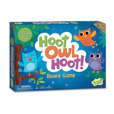 Box for Hoot Owl Hoot game showing three colorful owls in trees on a night sky background