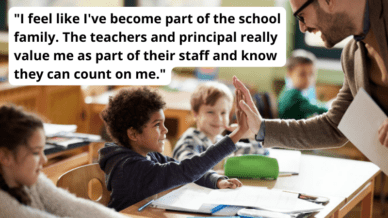 Substitute teacher giving a student a high five and a quote: ""I feel like I've became part of the school family," Ann M. tells us. "The teachers and principal really value me as part of their staff and know they can count on me."