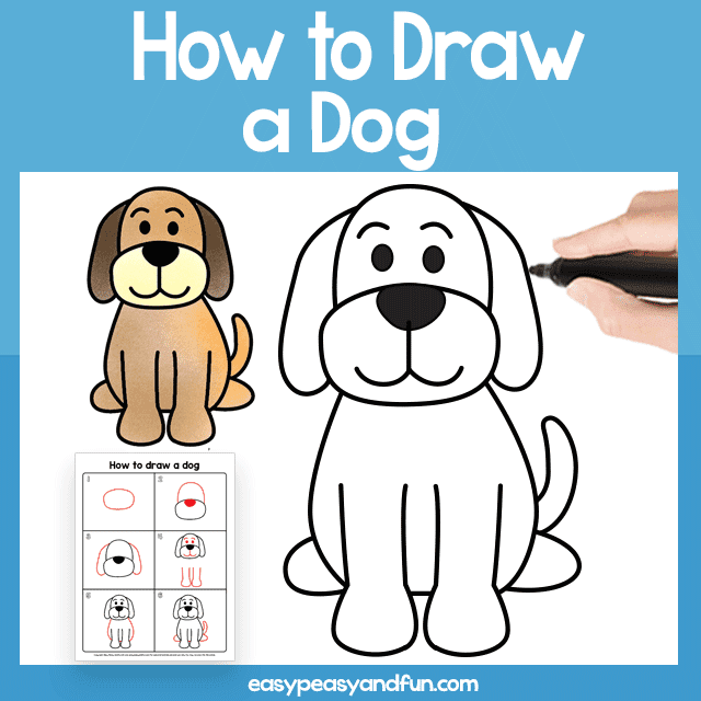 a black outline of a dog is shown with a hand holding a marker drawing it.  A finished version is in the background, colored in brown.