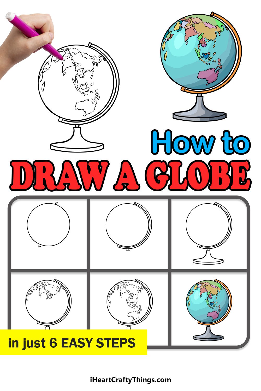 A step by step tutorial on how to draw a globe is shown.