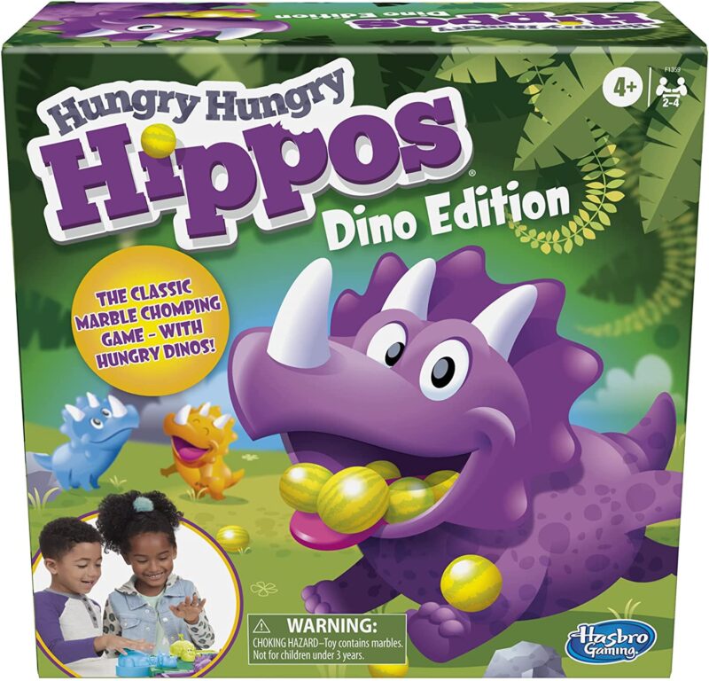 A cartoon purple dinosaur is shown with a mouthfull of plastic balls (best board games for preschoolers)