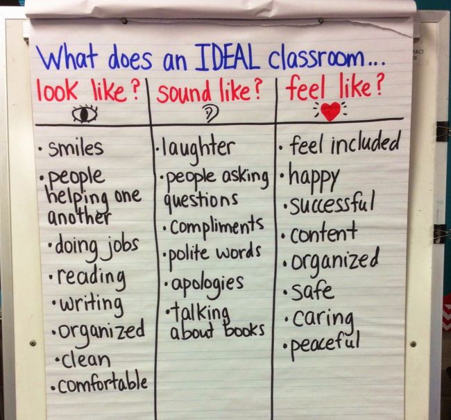 Anchor chart called "What does an IDEAL classroom look like? sound like? feel like?