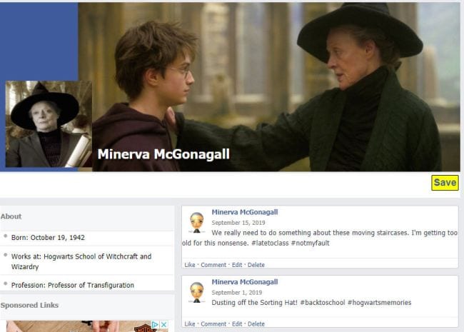 Perfil de "Fakebook" para Minerva McGonagall