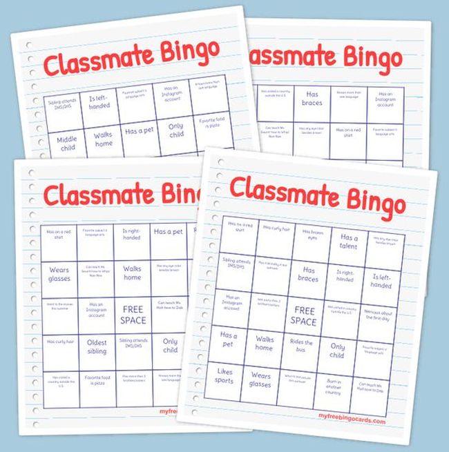 Classmate Bingo cards for high school and middle school icebreakers