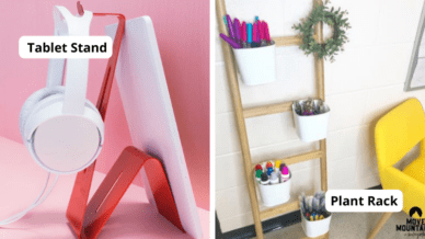 Best IKEA classroom supplies including a pink tablet stand holding a tablet and headphones and a plant stand in a classroom with storage containers used to hold art supplies.