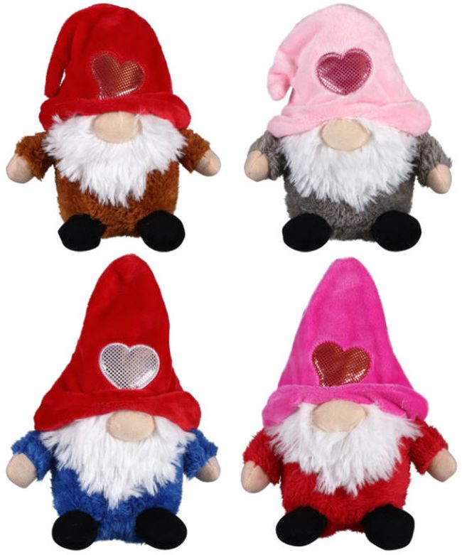 Plush garden gnomes with a Valentine's Day theme