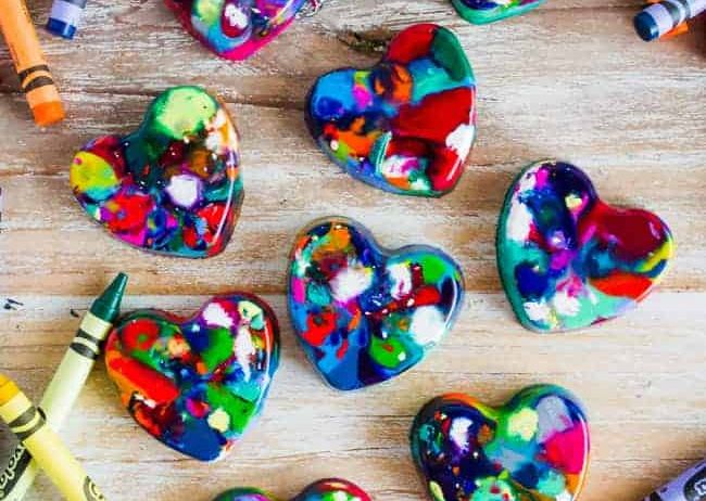 Heart-shaped crayons made from melted down scraps of old crayons