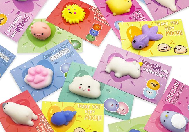 Valentines with small squishy kawaii mochi figures attached